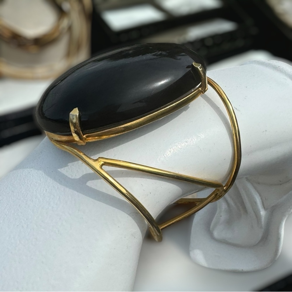 Vintage 10K Gold Filled Black Obsidian Cabochon Cuff Bracelet